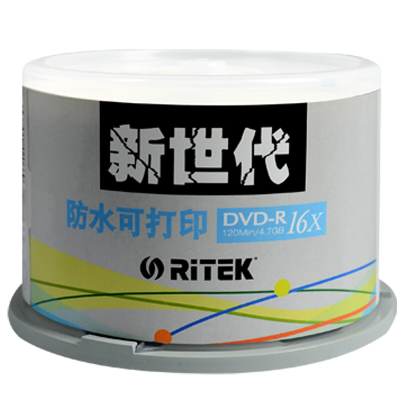 铼德 RITEK DVD-R 刻录盘 16速 4.7G 新世代防水 可打印 桶装50片 计价单位:桶