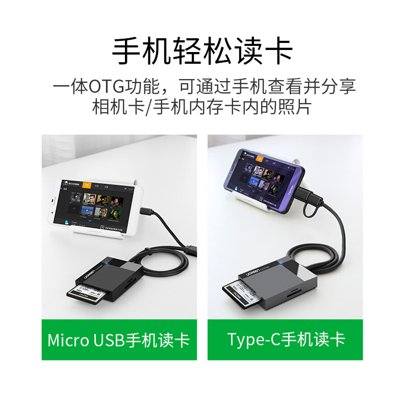 绿联 UGREEN OTG40755 USB3.0多功能读卡器带OTG支持读取SD TF CF MS内存多卡多读带0.5米 计价单位:个