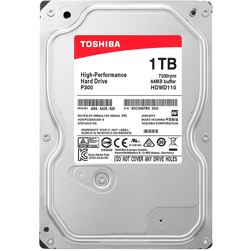 东芝 Toshiba HDWD110 台式机硬盘 1TB 7200转64M SATA3 P300系列 计价单位:块
