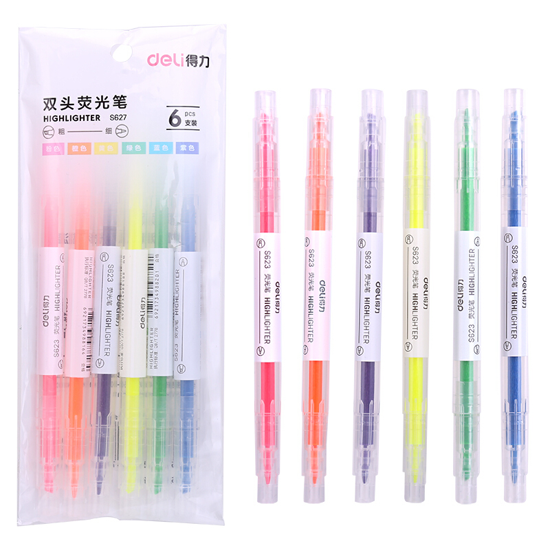 得力 deli S627 双头荧光笔 6色 6支/盒 计价单位:盒