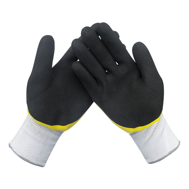 谋福  107 浸胶手套 防滑耐磨 掌胶半胶涂胶挂胶带胶 透气王黄纱黑6双装 计价单位:打