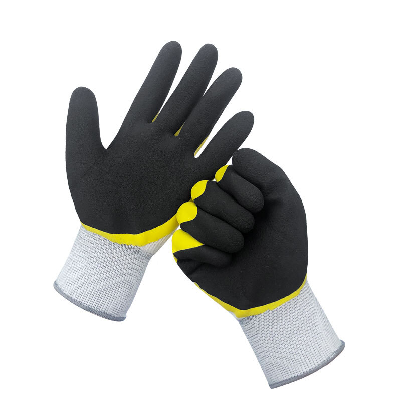 谋福  107 浸胶手套 防滑耐磨 掌胶半胶涂胶挂胶带胶 透气王黄纱黑6双装 计价单位:打