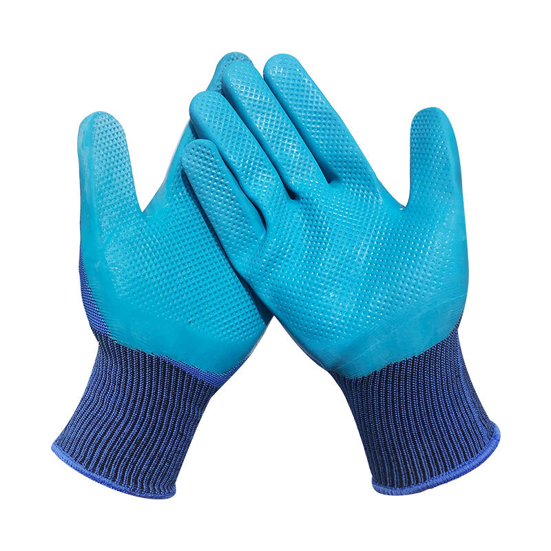 谋福  104 劳保手套 加强耐磨防滑 透气乳胶压纹半浸橡胶 乳胶压纹蓝12双装 计价单位:打