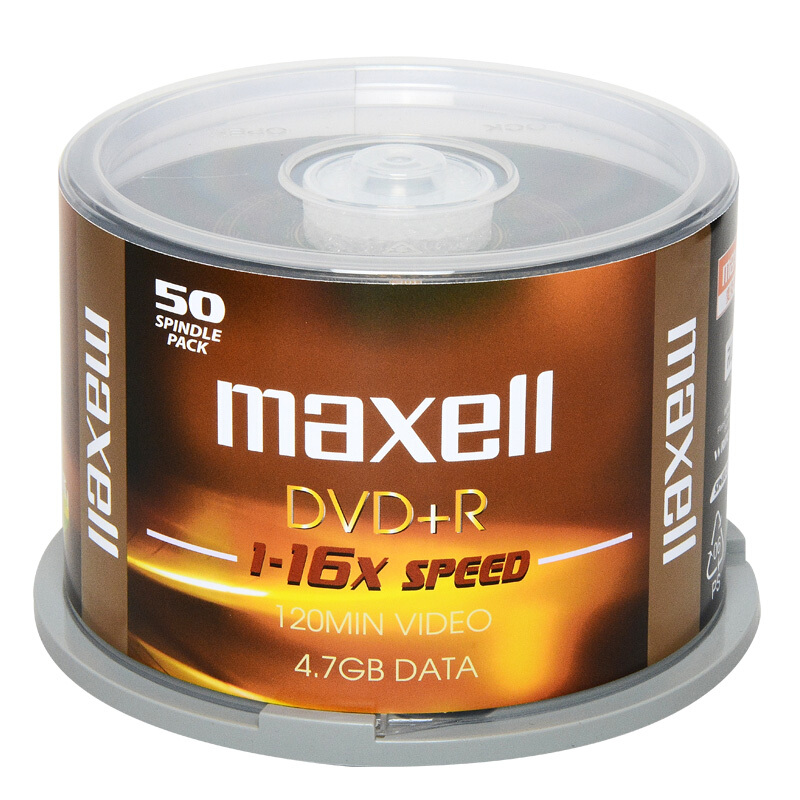 麦克赛尔 MAXELL DVD+R 刻录光盘 16速4.7G台产 黄纹黑尊 桶装50片 计价单位:桶