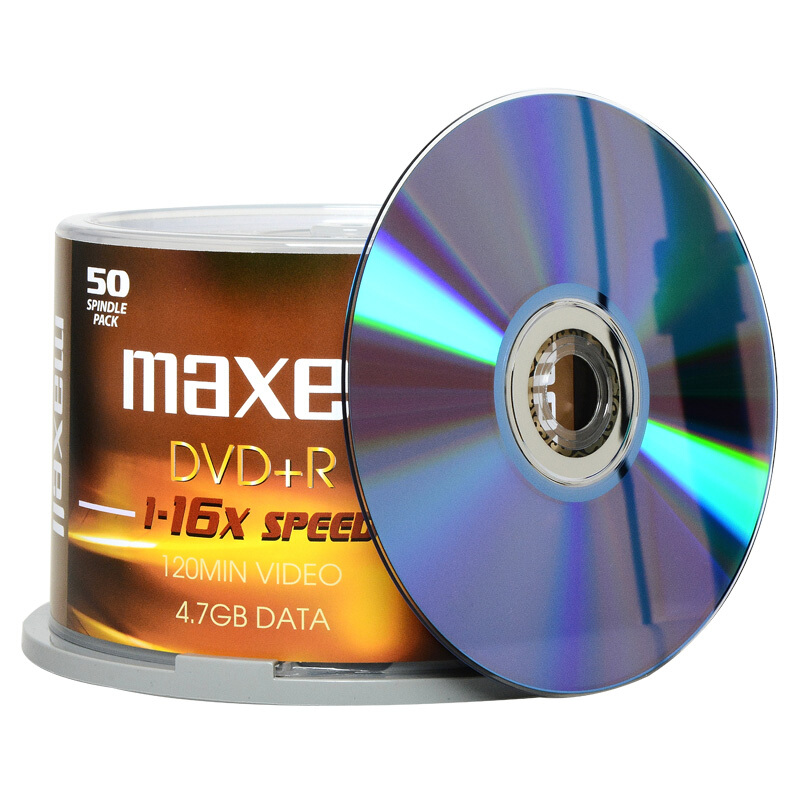 麦克赛尔 MAXELL DVD+R 刻录光盘 16速4.7G台产 黄纹黑尊 桶装50片 计价单位:桶