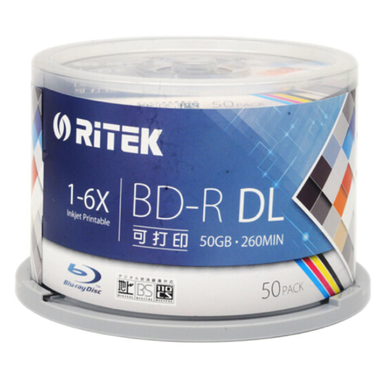 铼德 RITEK BD-R 空白光盘 蓝光可打印 1-6速25G 桶装50片 计价单位:桶
