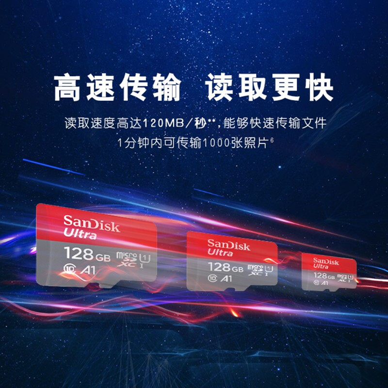 闪迪 SANDISK SDSQUNC-128G-ZN3MN TF存储卡 128GB U1 C10 A1 至尊高速移动版 读速120MB/s 计价单位:个