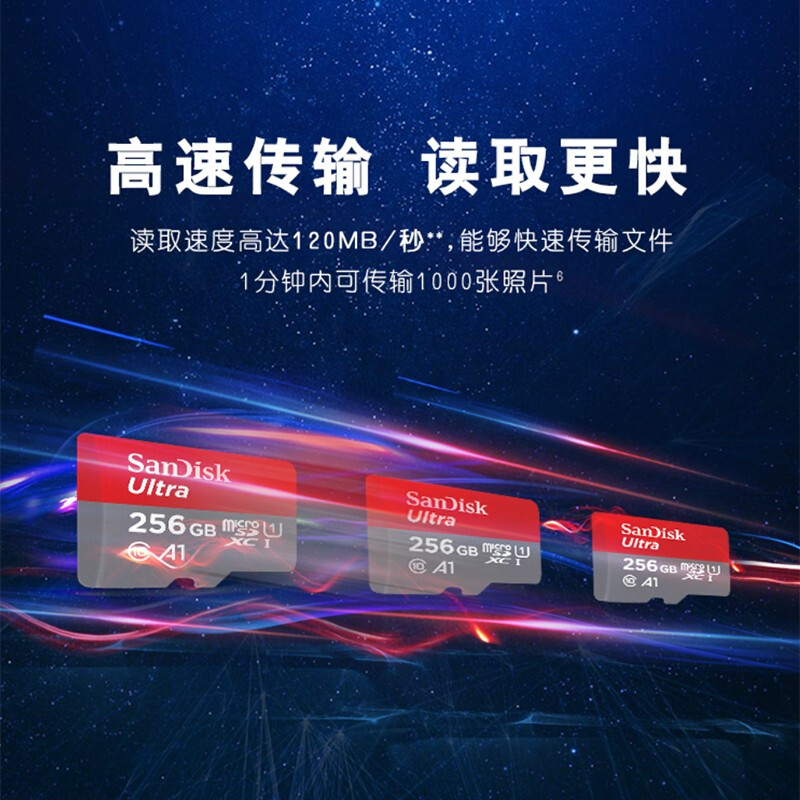 闪迪 SANDISK SDSQUNI-256G-ZN3MN TF存储卡 256GB U1 C10 A1 至尊高速移动版 读速120MB/s 计价单位:张