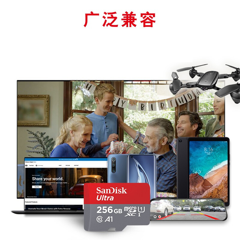 闪迪 SANDISK SDSQUNI-256G-ZN3MN TF存储卡 256GB U1 C10 A1 至尊高速移动版 读速120MB/s 计价单位:张