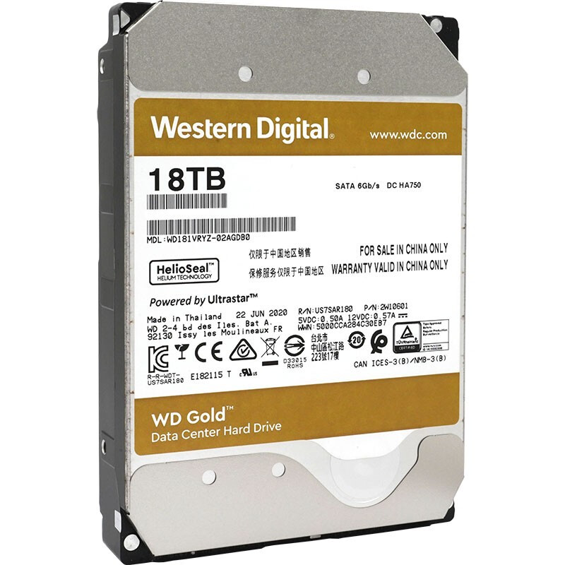 西部数据 WD WD181VRYZ 企业级硬盘 金盘 18TB SATA6Gb s 7200转512M 计价单位:个