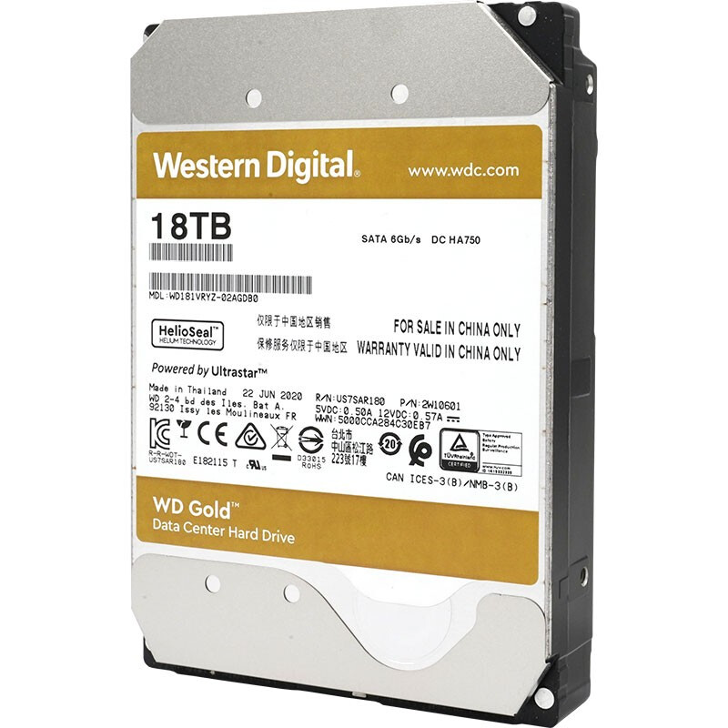 西部数据 WD WD181VRYZ 企业级硬盘 金盘 18TB SATA6Gb s 7200转512M 计价单位:个