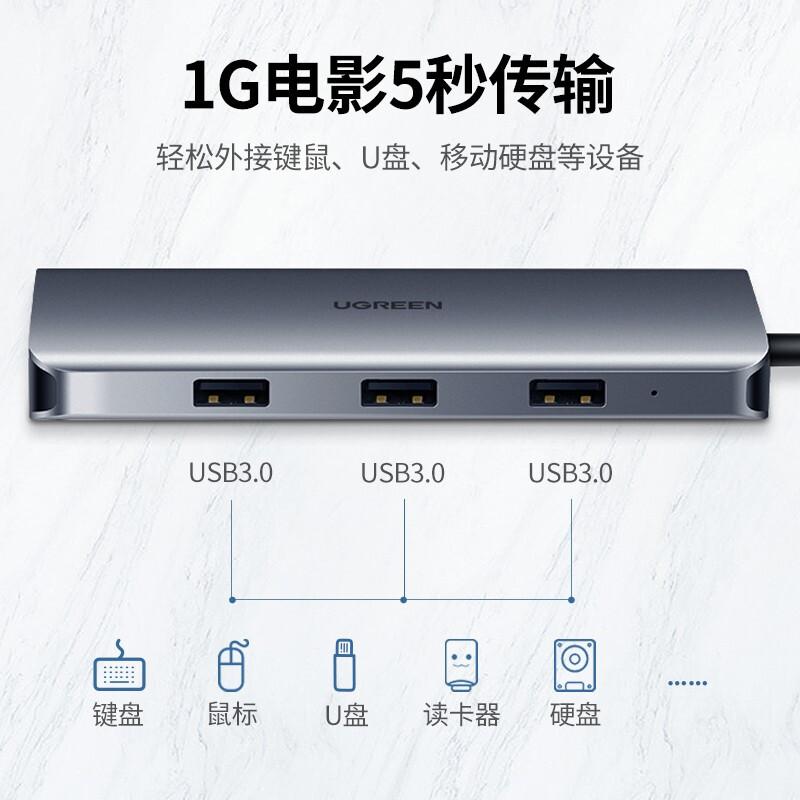 绿联 UGREEN 40873 Type-C扩展坞转换器 九合一 深灰色 计价单位:个
