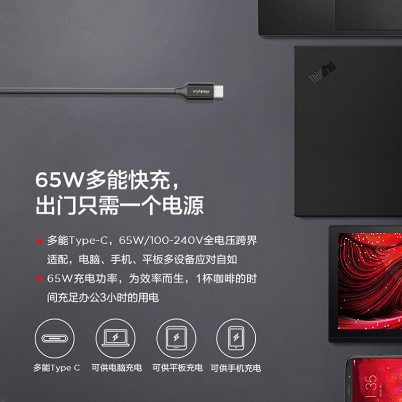 联想Thinkplus  65w 口红电源自带type-c数据线 手机平板笔记本适配器 黑色 计价单位: 个