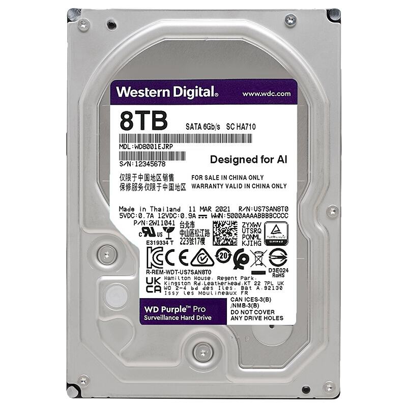西部数据 WD WD8001EJRP  监控硬盘紫盘Pro 8TB SATA6Gb/s 7200转256M 计价单位: 个