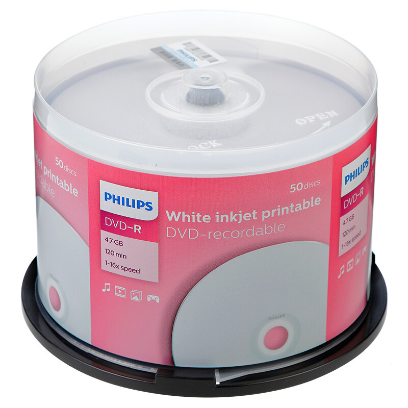 飞利浦 PHILIPS DVD-R 空白光盘 刻录盘 16速4.7G 可打印 桶装50片 计价单位:桶