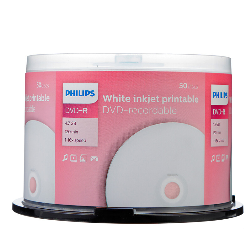 飞利浦 PHILIPS DVD-R 空白光盘 刻录盘 16速4.7G 可打印 桶装50片 计价单位:桶