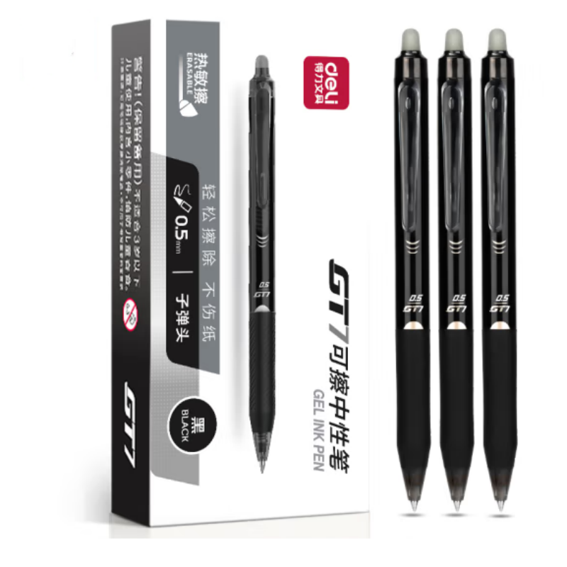 得力 deli GT7 按动可擦中性笔 0.5mm子弹头学生中性笔 黑色 12支/盒  149*26.5*75mm 计价单位:盒