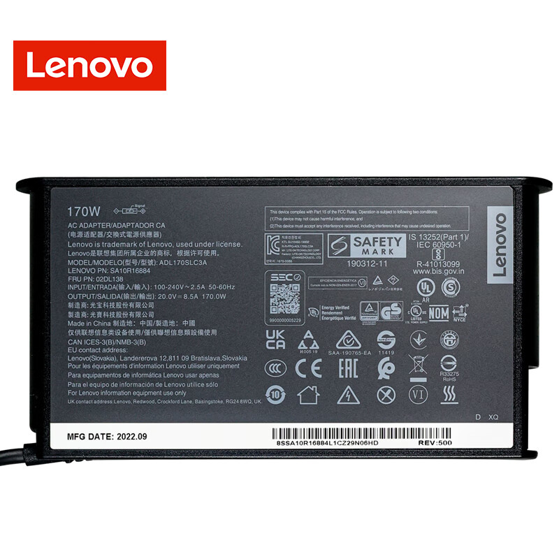 联想 Lenovo 4X20S56710 原装原厂电源适配器 T440/P51/T460p拯救者系列笔记本电脑充电器 170W方口薄款20V8.5A 计价单位:个