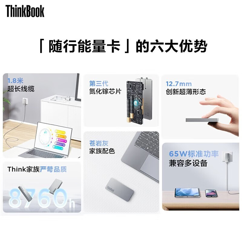 联想 Lenovo 65W 便携饼干适配器 随行能量卡GaN 灰色 计价单位:个