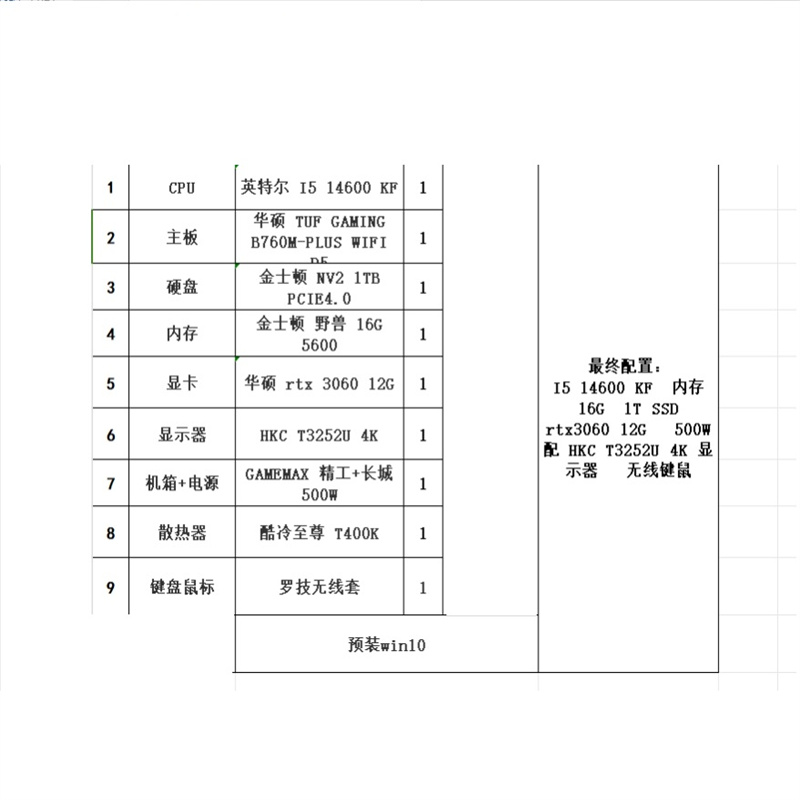 英特尔 INTEL I5 14600 KF 组装电脑 内存16G 1T SSD rtx3060 12G 500w 配HKC T3252U 4K 显示器 无线健鼠 计价单位:套