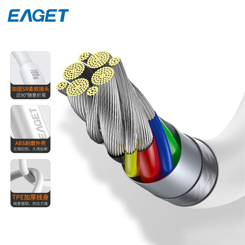 忆捷 EAGET EC1001 数据线 100W PD系列 1.5米 白色 Type-C to Type-C手机电脑两用  计价单位:根