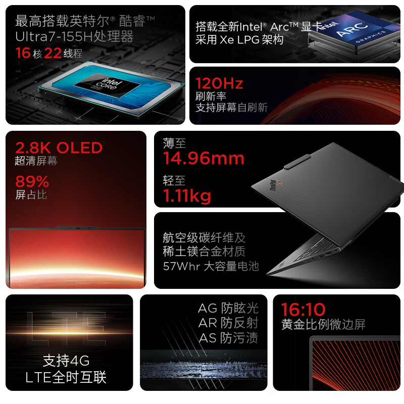 Thinkpad   X1 Carbon 2024酷睿Ultra5 14英寸全互联商务办公笔记本电脑32G 512G 2.8K OLED超清屏 计价单位:台