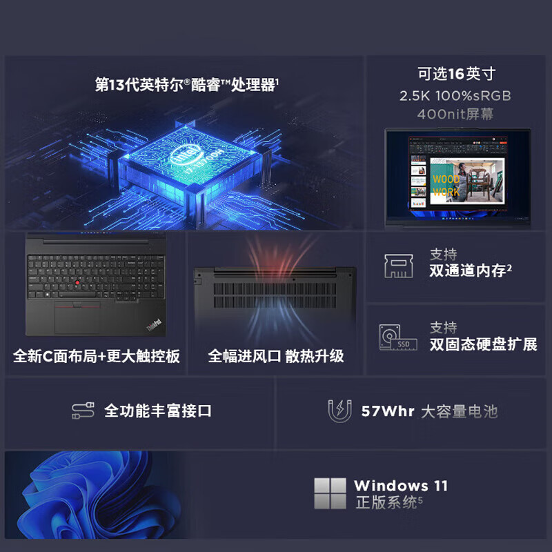 Thinkpad   E16 16英寸轻薄便 携联想笔记本电脑 英特尔酷睿i5-13500H 16G 512GB 商务办公本 计价单位:台