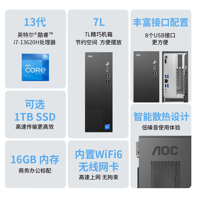 AOC  荣光T200 台式机电脑 D07T200 I7 13620H 16G 3200 512G nvme /集成显卡/WIFI-6(双频) 计价单位:台