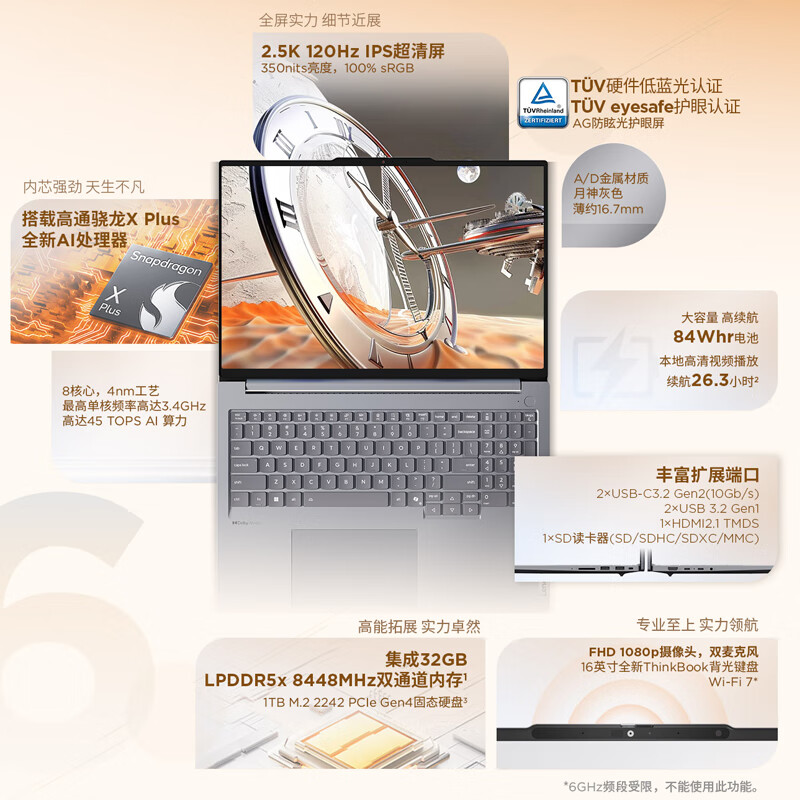 Thinkpad  ThinkBook 16 笔记本电脑 骁龙ai元启版  AIPC X Plus 32G 1T 2.5K 120Hz 计价单位:台