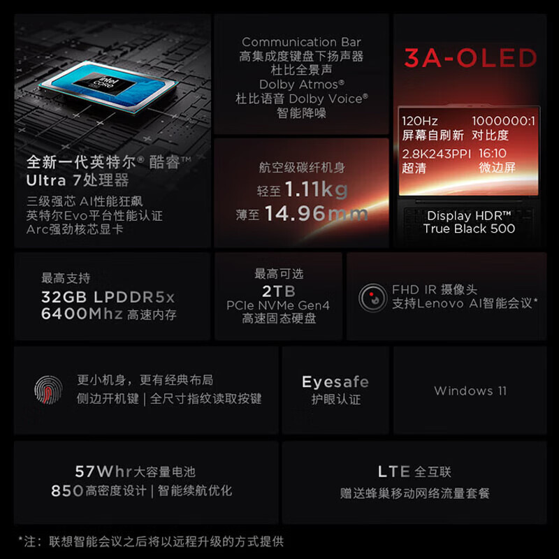 Thinkpad  X1 Carbon 笔记本电脑 14英寸Ultra7 155H 32G 1T 2.8K 120Hz 4G卡 计价单位:台