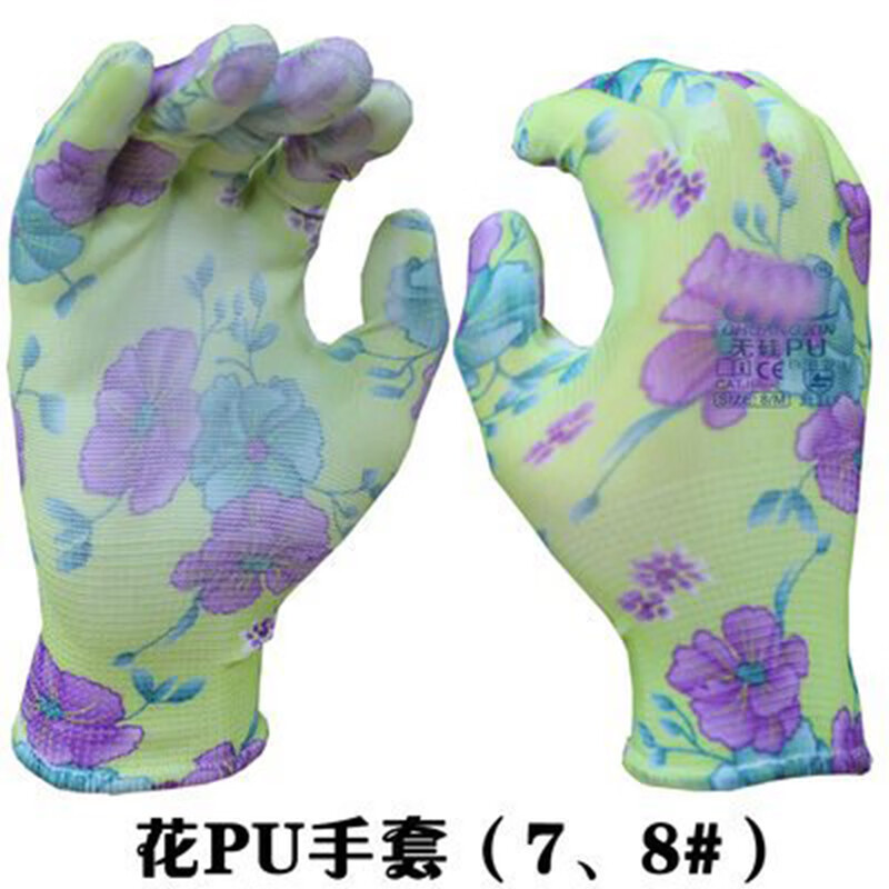 谋福  tj1157 夏季薄胶 尼龙线带胶PU涂掌手套 绿色花PU涂掌M 12双装 计价单位:打