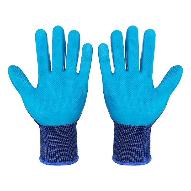 谋福  CNMF104 劳保手套 加强耐磨防滑浸胶挂胶透 防护手套 乳胶压纹蓝  12双装 计价单位:包