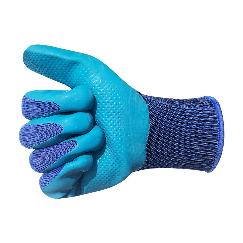 谋福  CNMF104 劳保手套 加强耐磨防滑浸胶挂胶透 防护手套 乳胶压纹蓝  12双装 计价单位:包