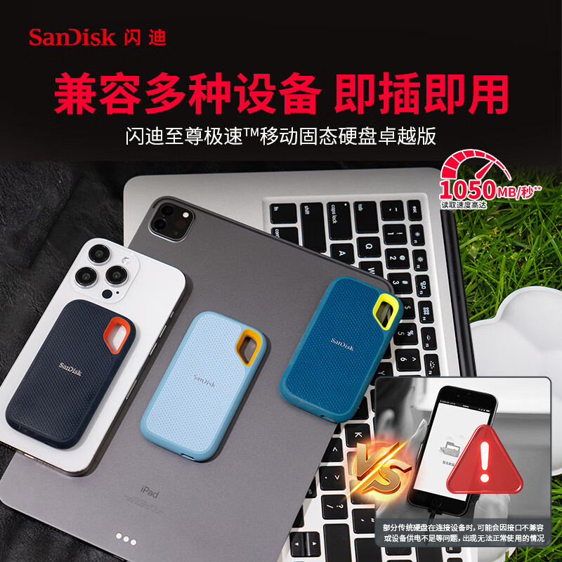 闪迪 SANDISK SDSSDE61-4T00-Z25 移动固态硬盘 4TB Type-c USB3.2 E61卓越版 1050MB/s三防保护 计价单位:块