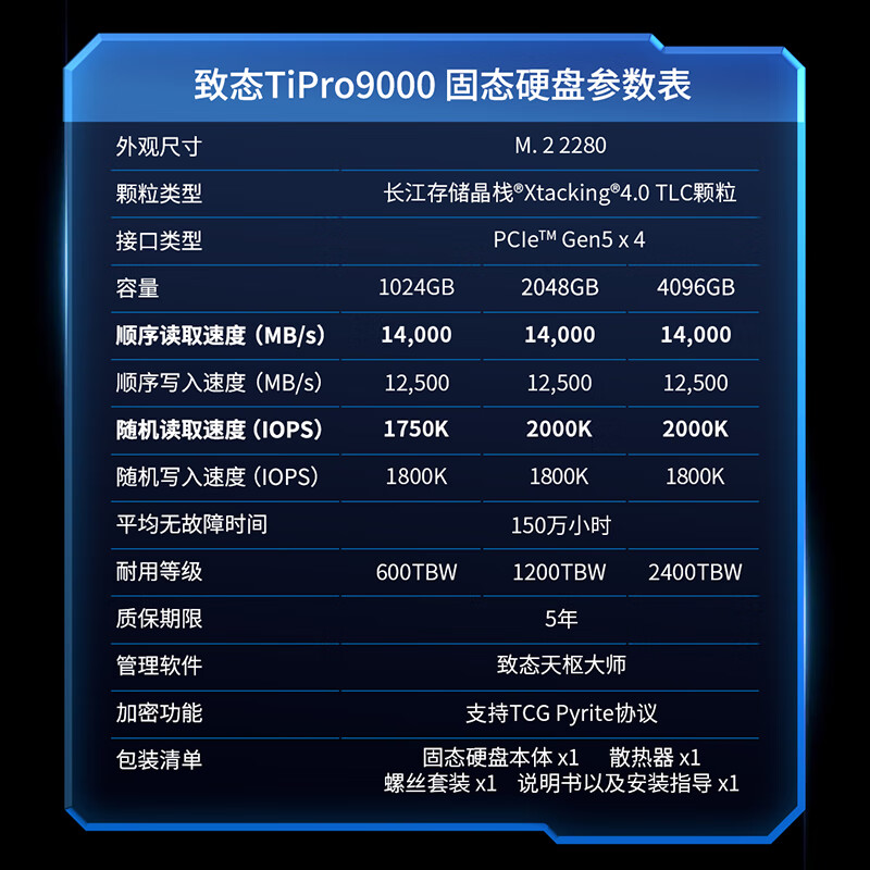 致态 ZHITAI TiPro9000 SSD固态硬盘 2TB NVMe M.2接口 PCIe 5.0 长江存储 计价单位:个