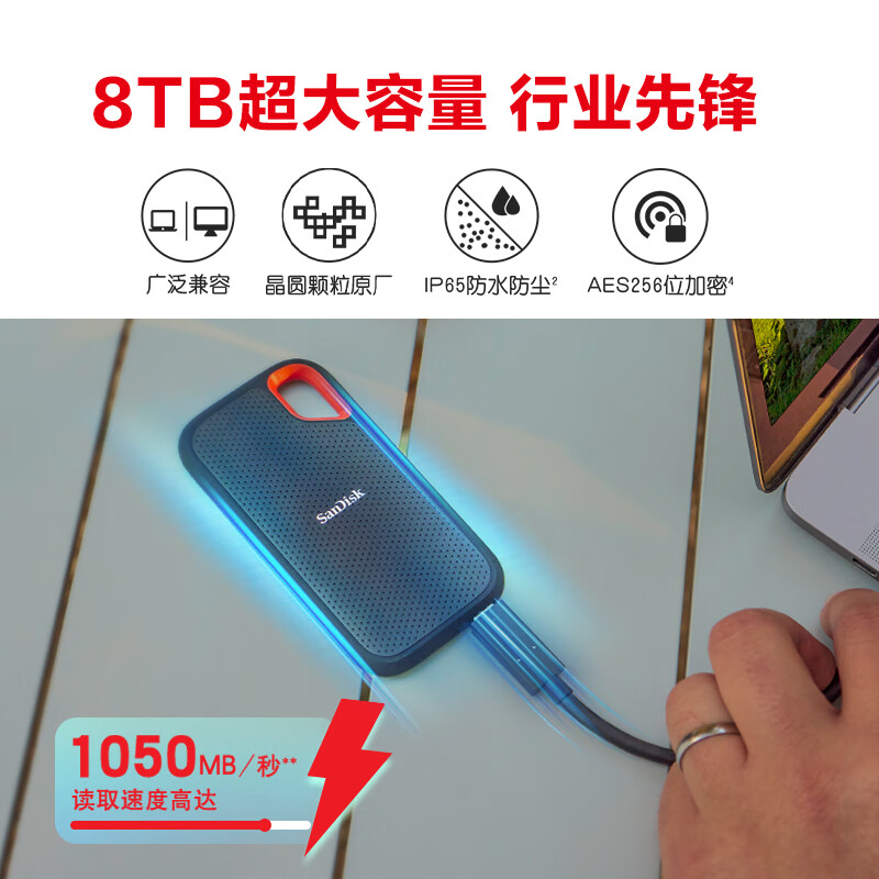 闪迪 SANDISK SDSSDE61-8T00-Z25 移动固态硬盘 8TB E61卓越版 读速1050MB/s Type-c接口 手机电脑外接SSD 计价单位:块