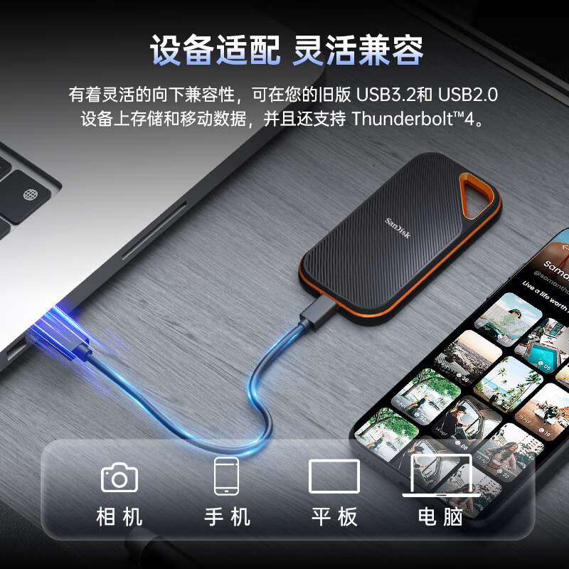 闪迪 SANDISK SDSSDE82-2T00-Z25 移动固态硬盘 2TB 雷电4 E82 读3800MB/s 写3700MB/s type-c 计价单位:块