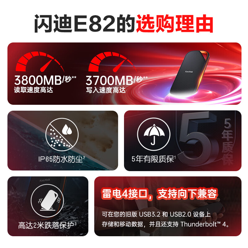 闪迪 SANDISK SDSSDE82-4T00-Z25 移动固态硬盘 4TB 雷电4 E82 读速3800MB/s 写速3700MB/s type-c  计价单位:块
