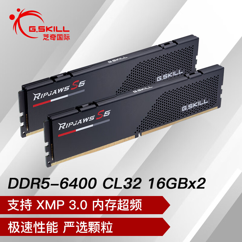 芝奇  F5-6400J3239G16GX2-RS5K 台式机内存条 32GB(16Gx2)套装 DDR5 6400频率 焰刃(黯夜黑)/C32 计价单位:组