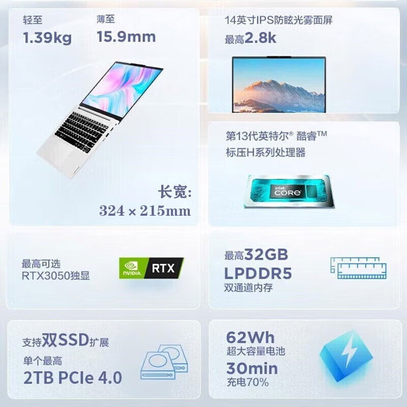联想 Lenovo 昭阳X7-14 笔记本电脑 I7-13700H/16G/1TSSD/集显/14 2.2K/WIN11 银色 计价单位:台