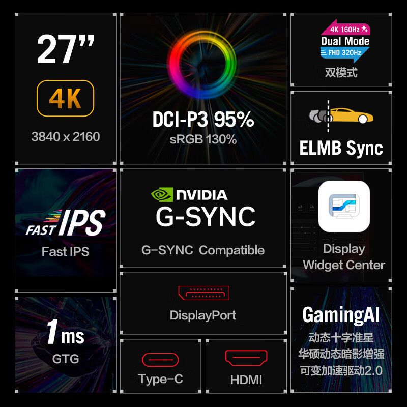 华硕 ASUS XG27UCG 显示器 绝神27英寸 4K 160Hz双模切换1K 320Hz HDR400 G-sync兼容 HDMI2.1 计价单位:台