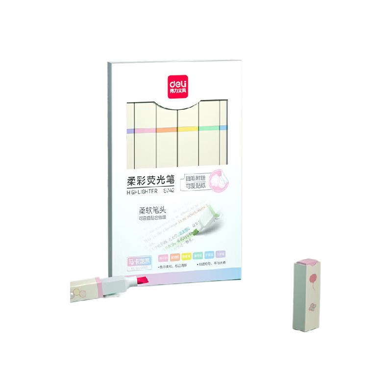 得力 deli S742 方杆荧光笔套装 柔软笔头 马卡龙色系 计价单位:盒