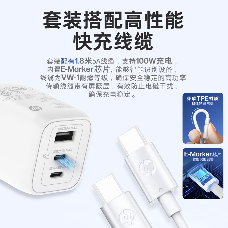 惠普 HP ZHAN 65 原装氮化镓充电器套装65W  多口Type-C快充头 计价单位:套