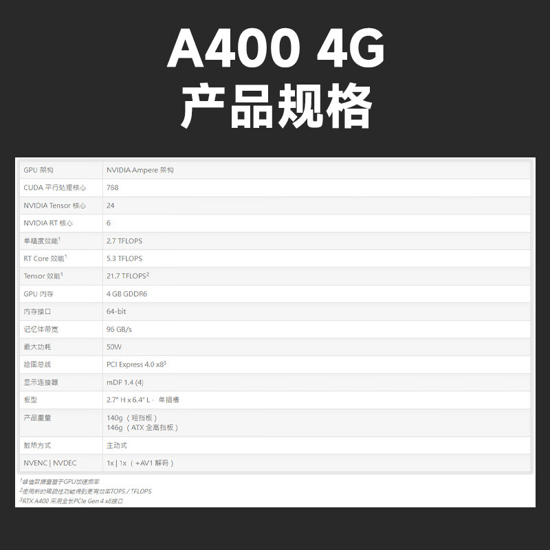英伟达 NVIDIA  A400 4G 显卡 Quadro系列专业渲染建模图形剪辑人工智能设计师绘图显卡 工包 计价单位:个
