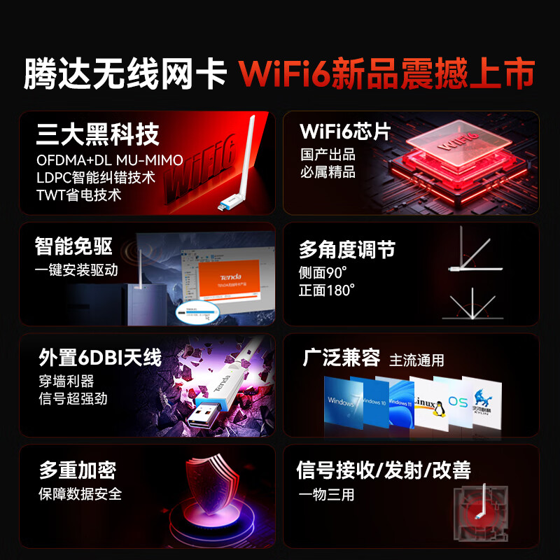 腾达  U2 USB无线网卡 WiFi6 智能免驱AX300 台式机专用(含安装) 计价单位:个
