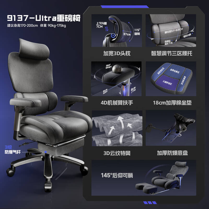 中掌柜  S9137+ProMax 人体工学椅办公椅  可躺300斤重磅可调节 双区腰托 双腰靠带搁脚 铝合金脚 有脚托 计价单位:把