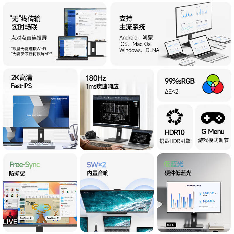 AOC  Q27V12XY 无线投屏电脑显示器27英寸2K屏幕180Hz 计价单位:台