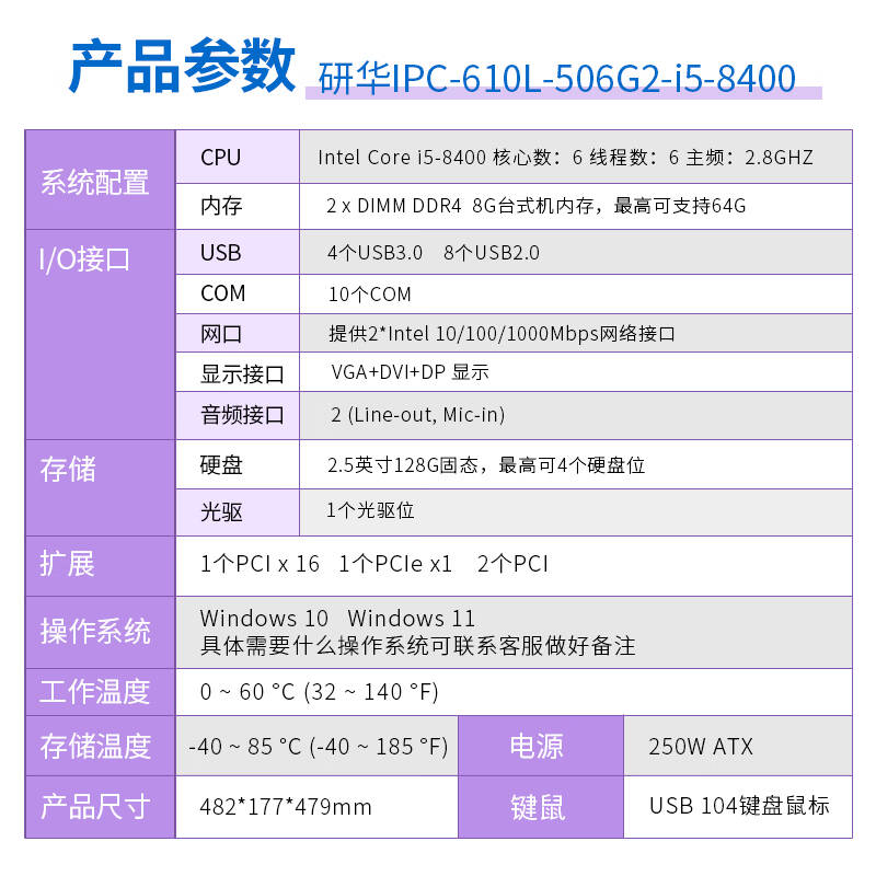 DWTPC DWTPC IPC-610 研華科技研华工控机 505G2/I5-8400/8G/128G/KM 研华IPC-610+250W 计价单位:台